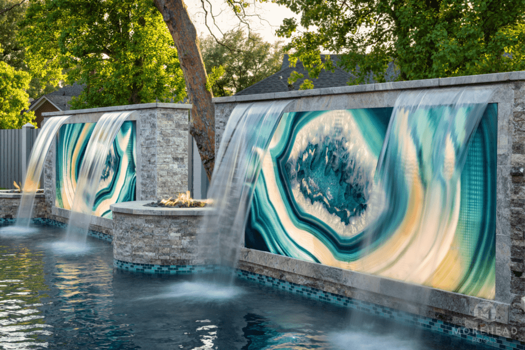 Waterfall features in swimming pool above screens